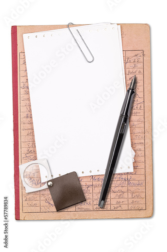 vintage red record with a blank sheet of paper and magnifying gl