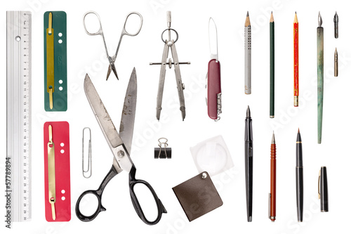 collection of old used office, drawing tools, isolated on white