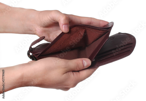 Hands holding an empty wallet, isolated on white background