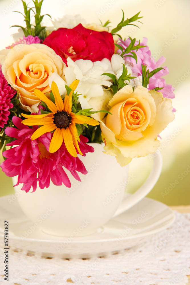 Beautiful bouquet of bright flowers in color mug, Beautiful bouquet of bright flowers in color mug,