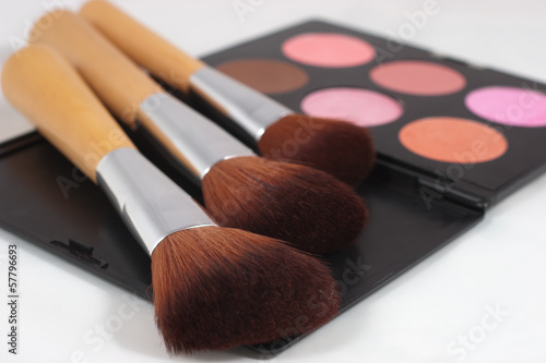 Multi coloured makeup and three brushes, shallow DOF