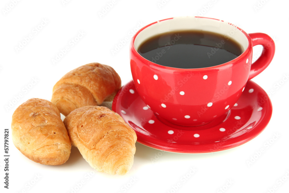 Tasty croissants and cup of coffee isolated on white Tasty croissants and cup of coffee isolated on white