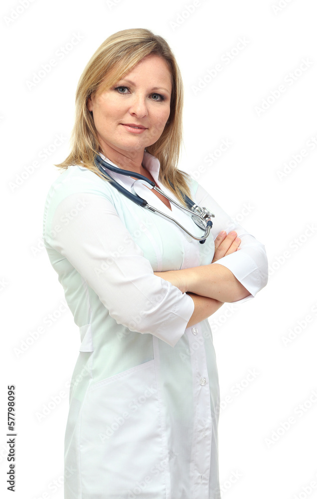 Young beautiful doctor with stethoscope isolated on white Young beautiful doctor with stethoscope isolated on white