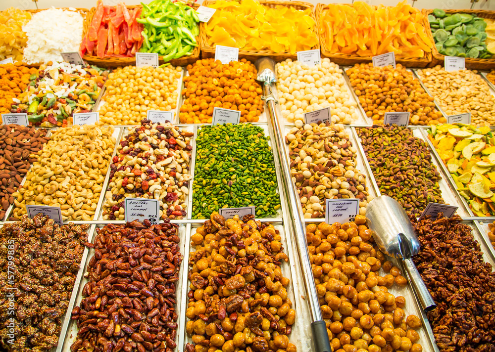 Many Dried Nuts and Snacks at a Market