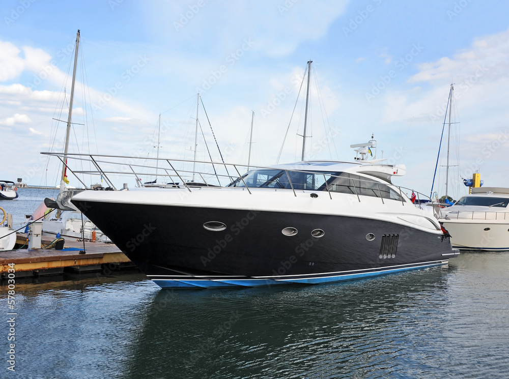 Motor yacht over harbor pier, Odessa, Ukraine