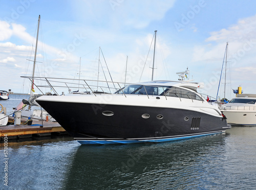 Motor yacht over harbor pier, Odessa, Ukraine