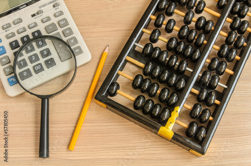 An old chinese abacus and modern calculator