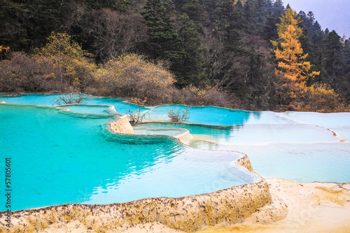 blue travertine ponds in huanglong
