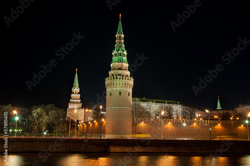 Moscow Kremlin towers and river at night