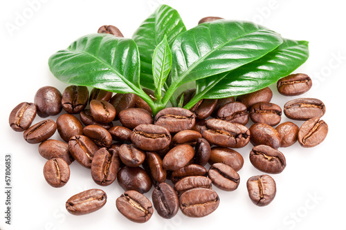 Roasted coffee beans and leaves.