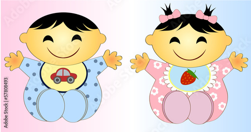 Twin asian Baby Boy And Girl.Vector illustration Two children