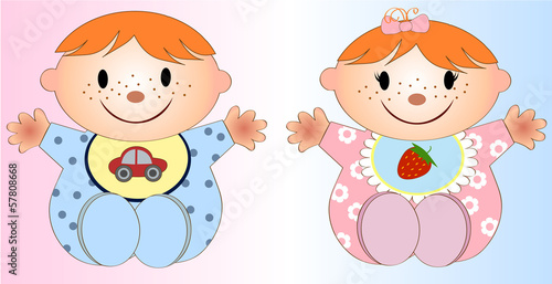 Twin Baby Boy And Girl.Vector illustration Two children