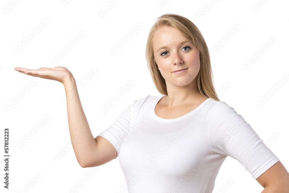 Blond woman presenting Blond woman presenting