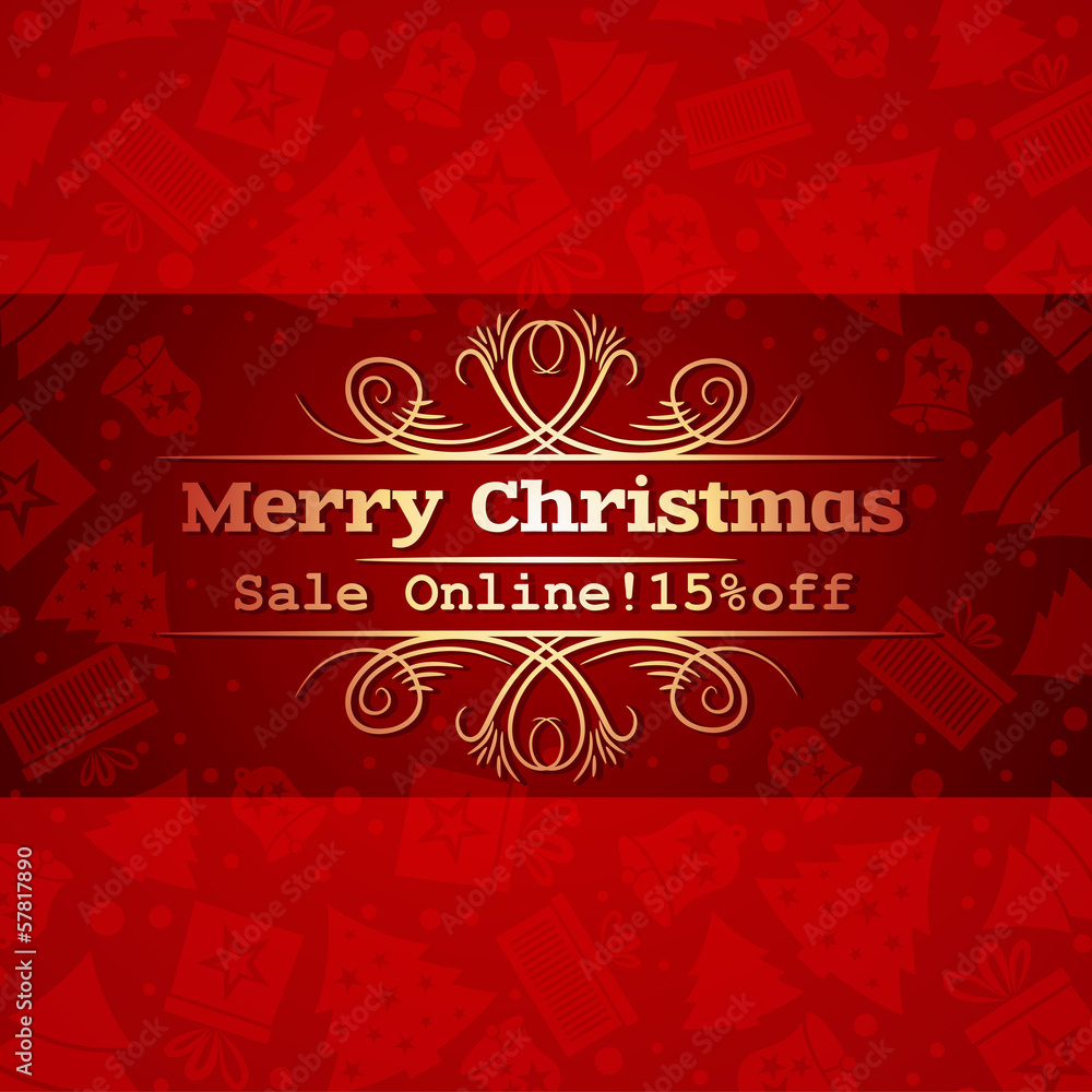 red christmas background and label with sale offer, vector