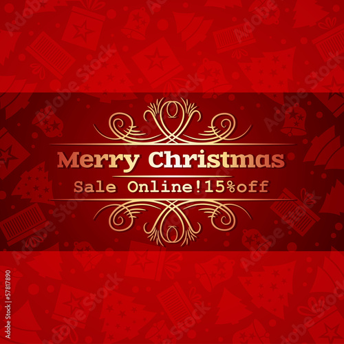 red christmas background and label with sale offer, vector