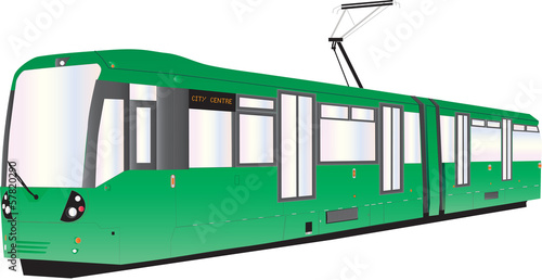 A Modern Green Electric Tram or Trolley Car