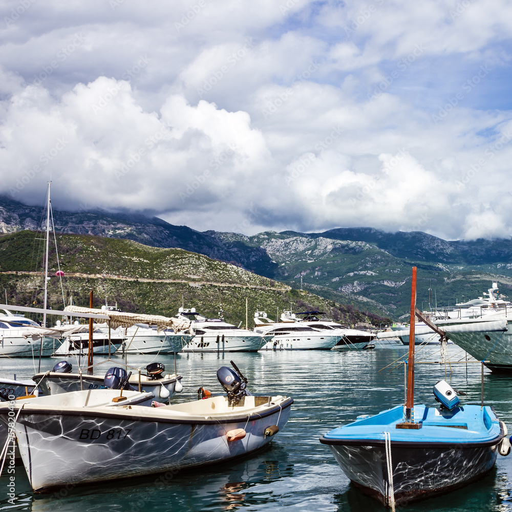 Sea front with boats in Budva, Montenegro