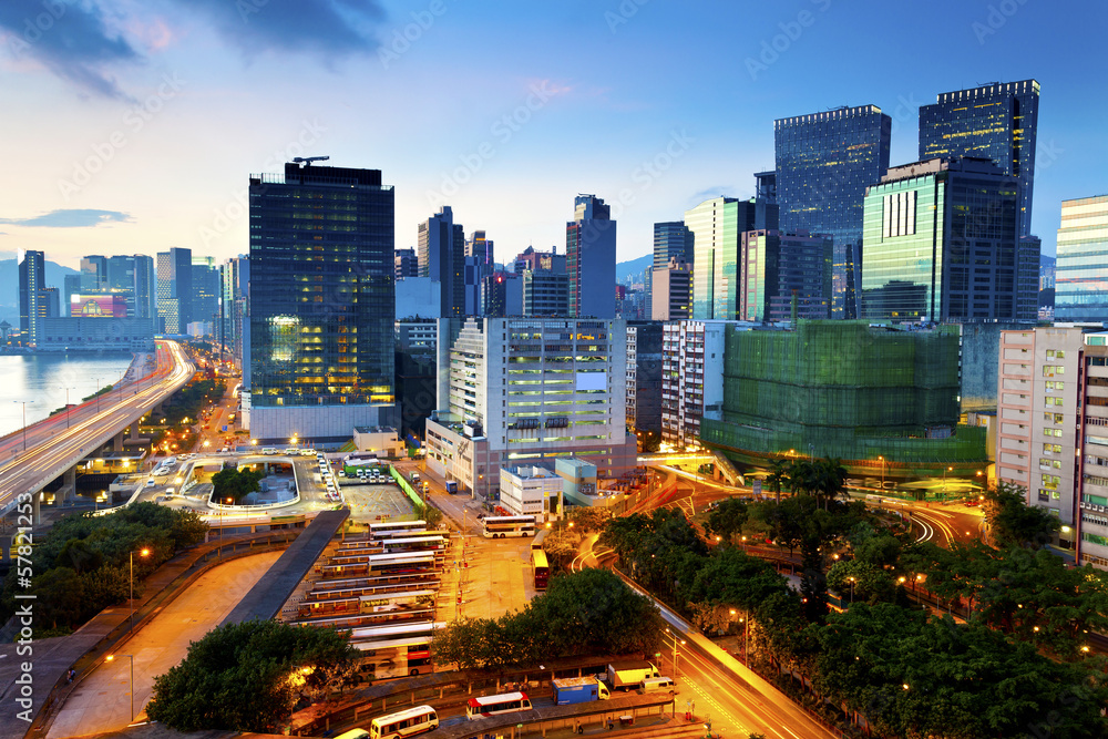 Modern office at sunset in Hong Kong