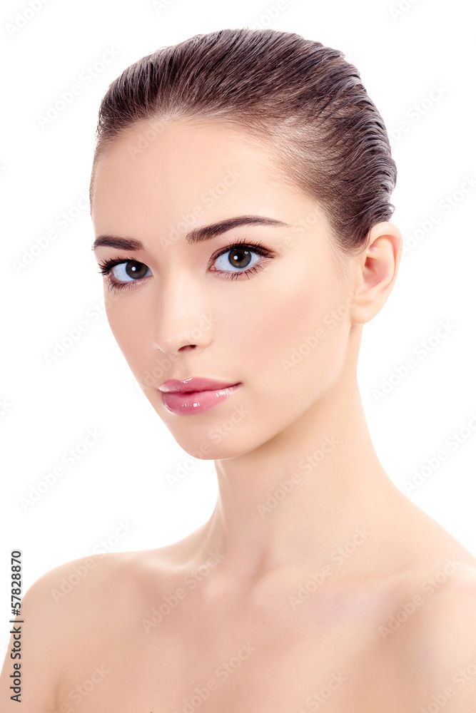 Beautiful girl with clean fresh skin, white background