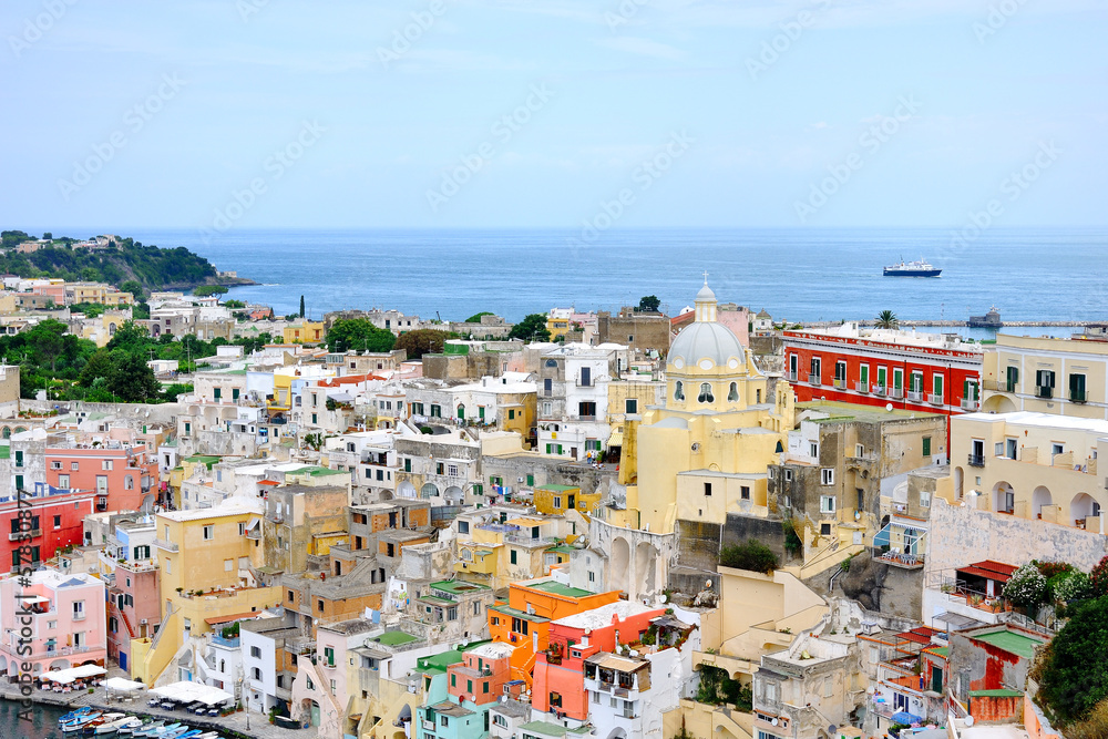 Procida island buildings view in Naples Gulf