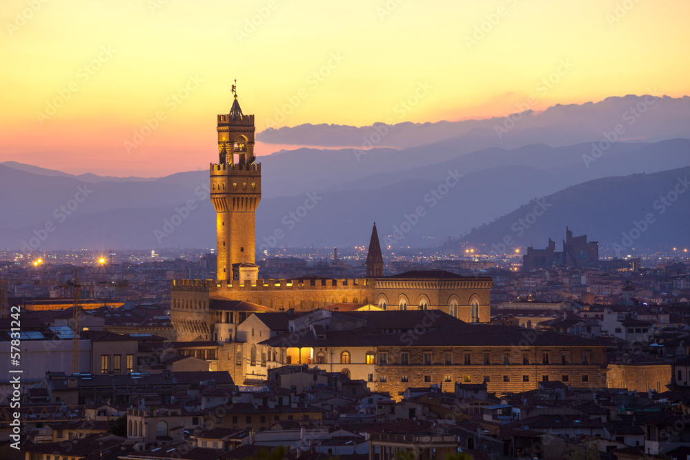 Sunset view of the Palazzo della Signoria tower, Florence