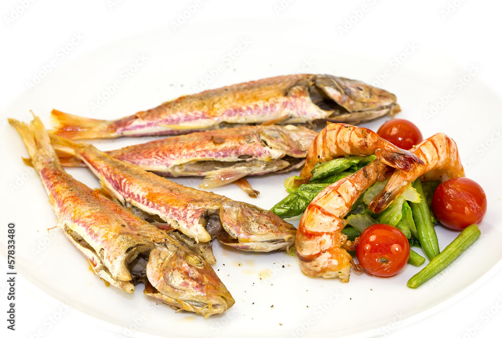 grilled fish with shrimp salad