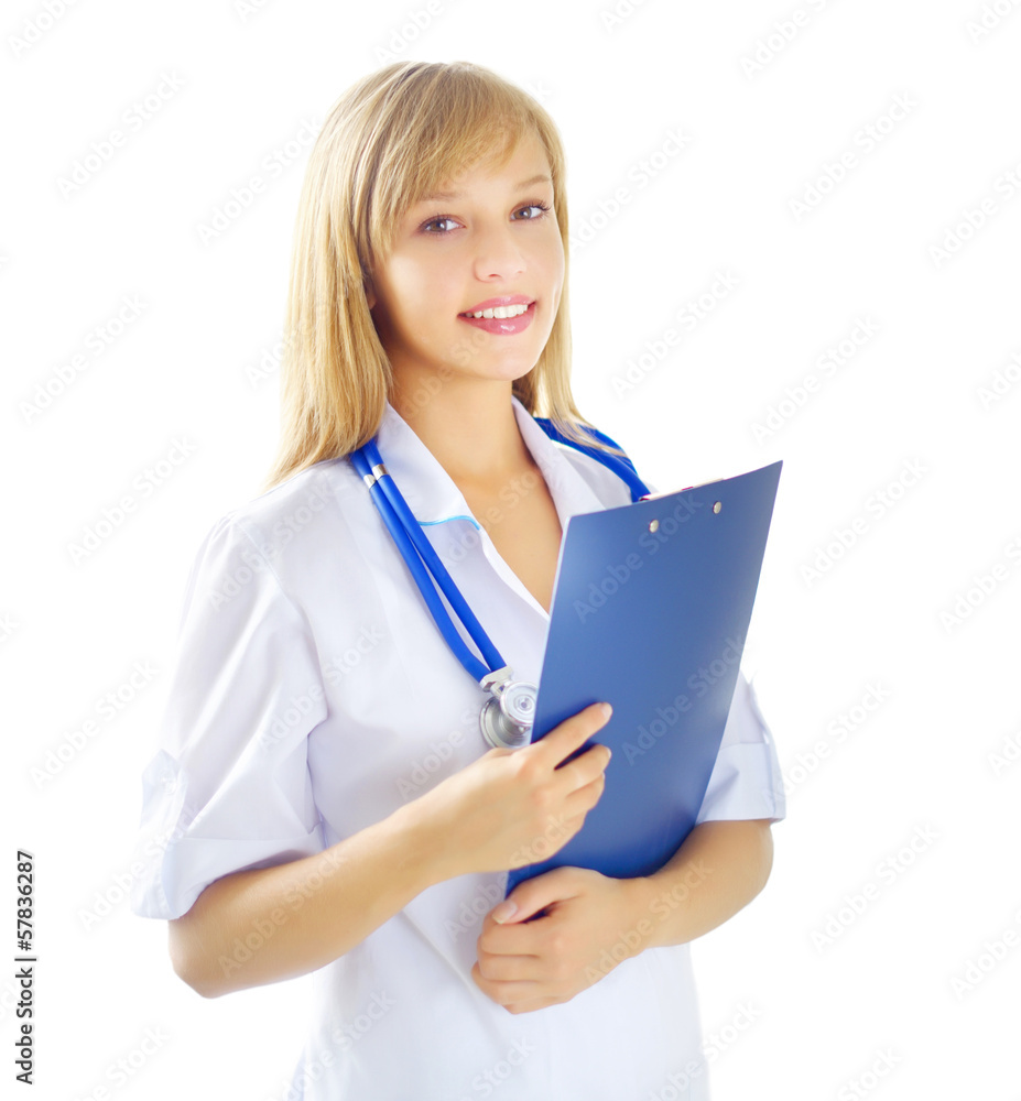 female doctor holding a notepad isolated on white female doctor holding a notepad isolated on white