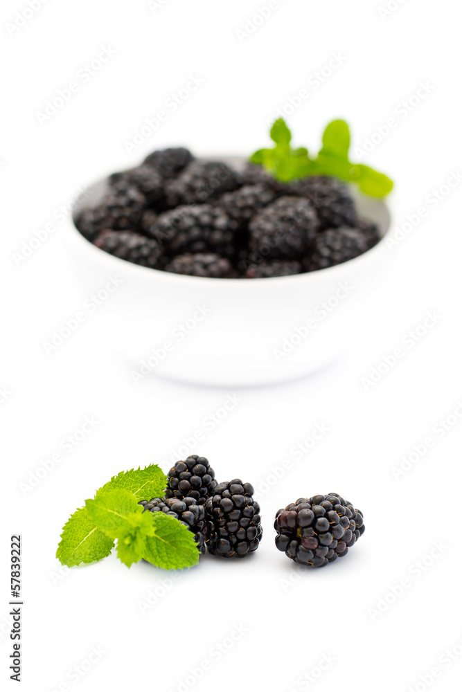 Blackberries with mint in front of white bowl with blackberries Blackberries with mint in front of white bowl with blackberries