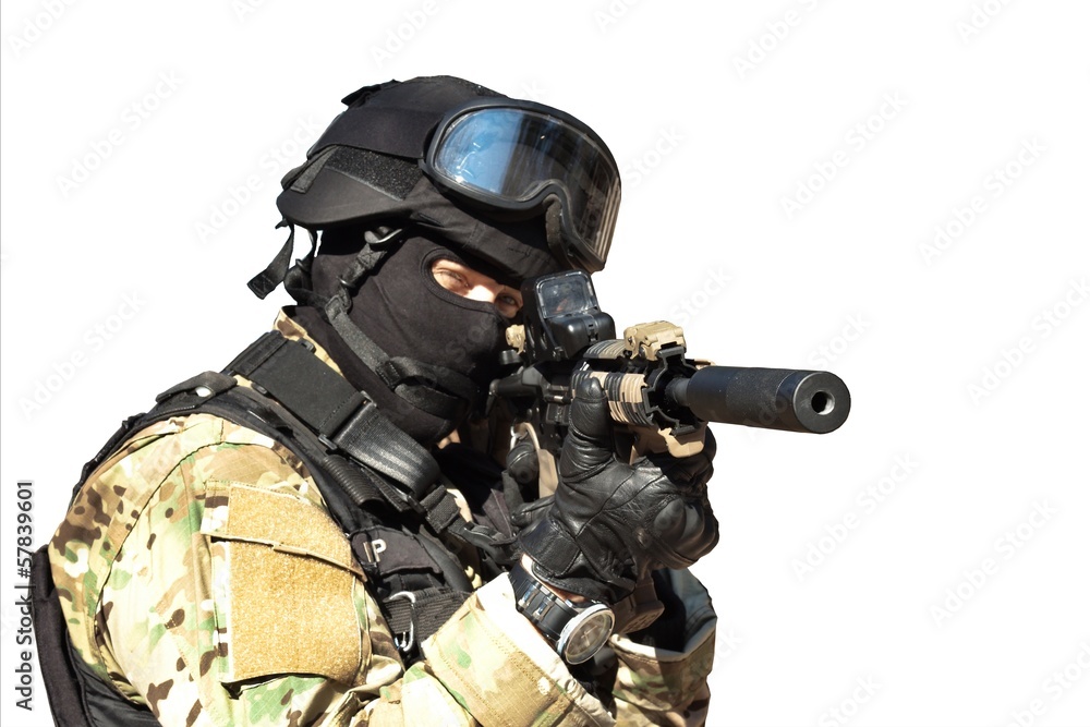 Fototapeta premium Special Forces soldier, police swat, isolated on white