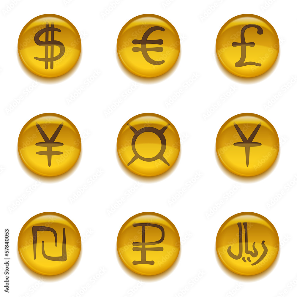 Buttons with currency signs, set Buttons with currency signs, set