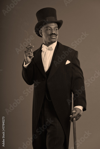 Retro afro american dickens scrooge man with mustache. Wearing b