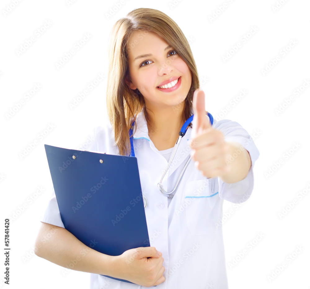 Female doctor showing thumbs up isolated on white Female doctor showing thumbs up isolated on white