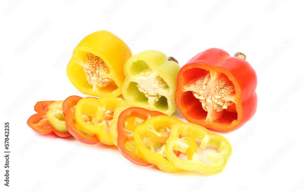Three half of bell pepper and slices. Three half of bell pepper and slices.