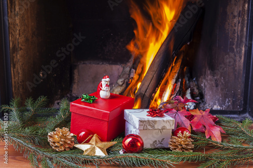 christmas presents at fireplace