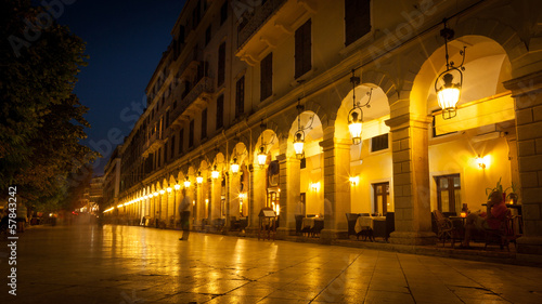 Liston street at night on Corfu Town, Greece