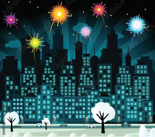 Night city and fireworks