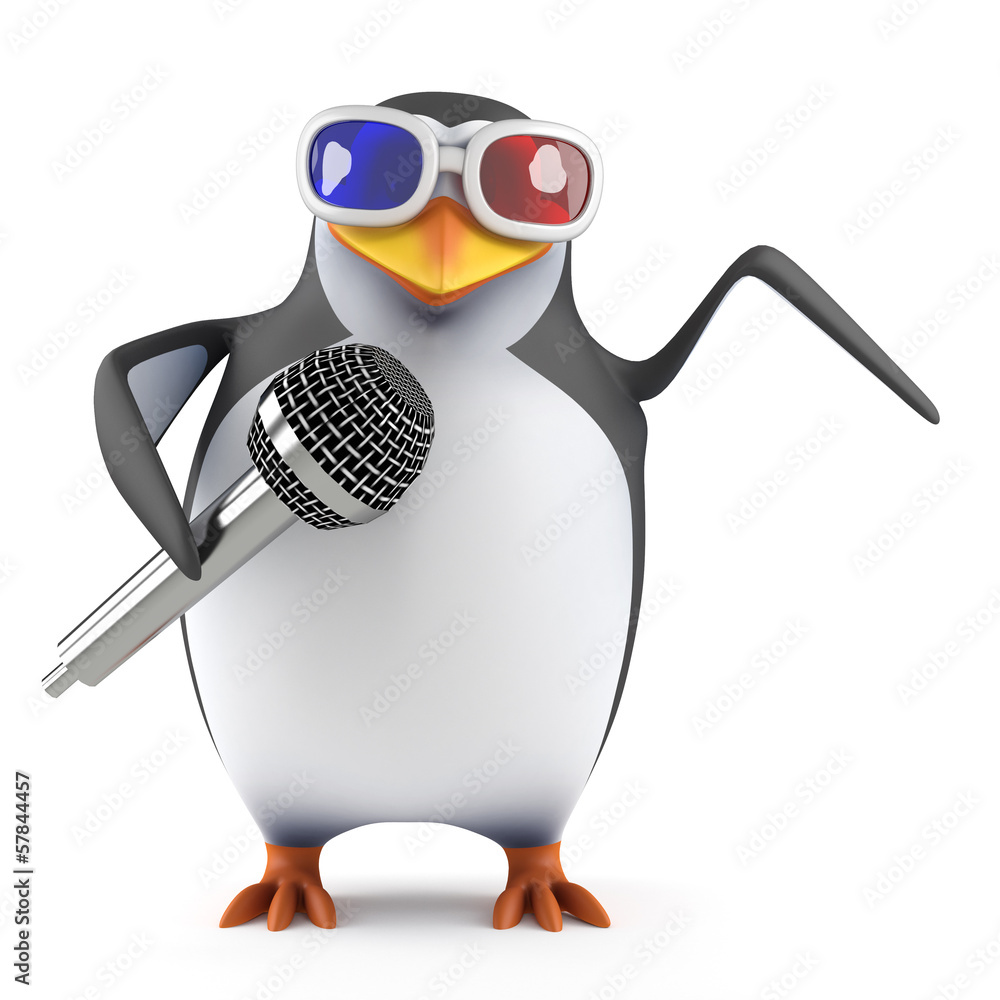 Obraz premium Penguin sings in 3d glasses