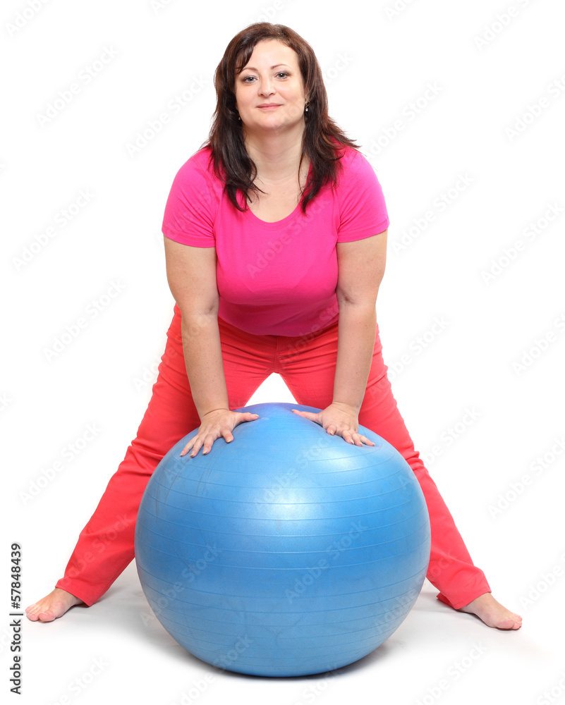 Overweight woman with blue ball. Weight loss concept. Overweight woman with blue ball. Weight loss concept.