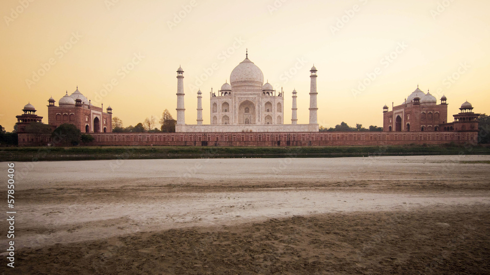 The Taj Mahal at sunset in Agra, India.