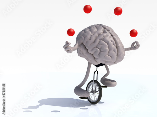 brain with arms and legs juggle rides a unicycle
