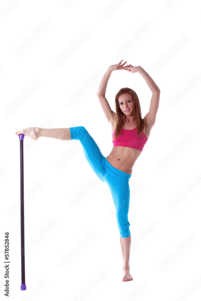 Image of muscular girl exercising with fitness bar