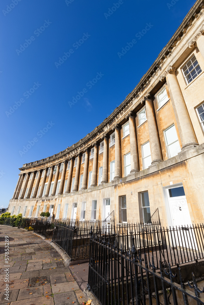 Wide angle view of the Royal Crescent in Bath