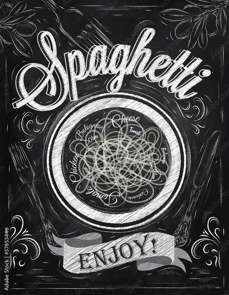 Poster lettering spaghetti enjoy! in retro style drawing chalk