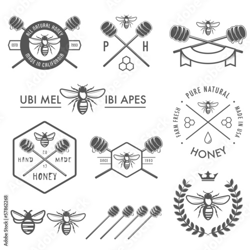 Set of vintage honey labels, badges and design elements