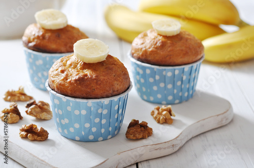 Banana muffins in blue paper cupcake case