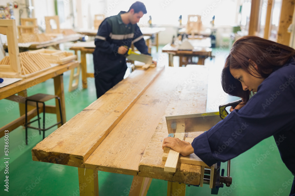 Focused trainee and instructor sawing wood Focused trainee and instructor sawing wood