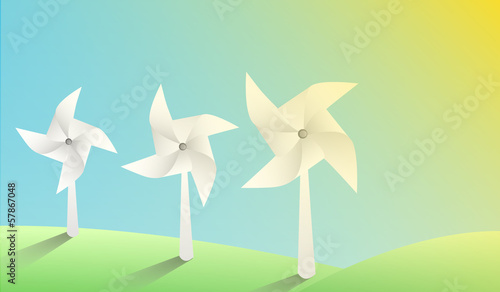 Vector illustration of paper windmills on sunny landscape
