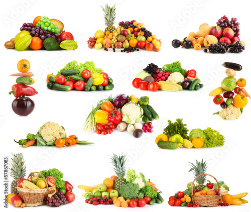Collage of fruits and vegetables isolated on white