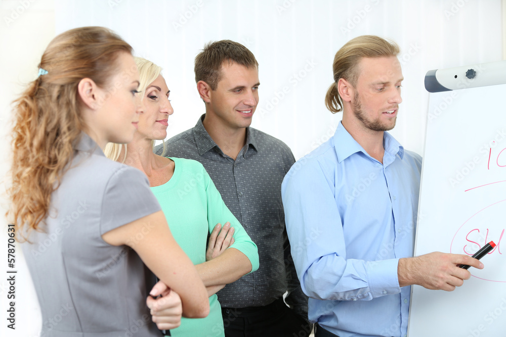 Business team working in office near whiteboard Business team working in office near whiteboard