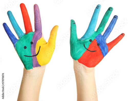 Painted hands with smile isolated on white